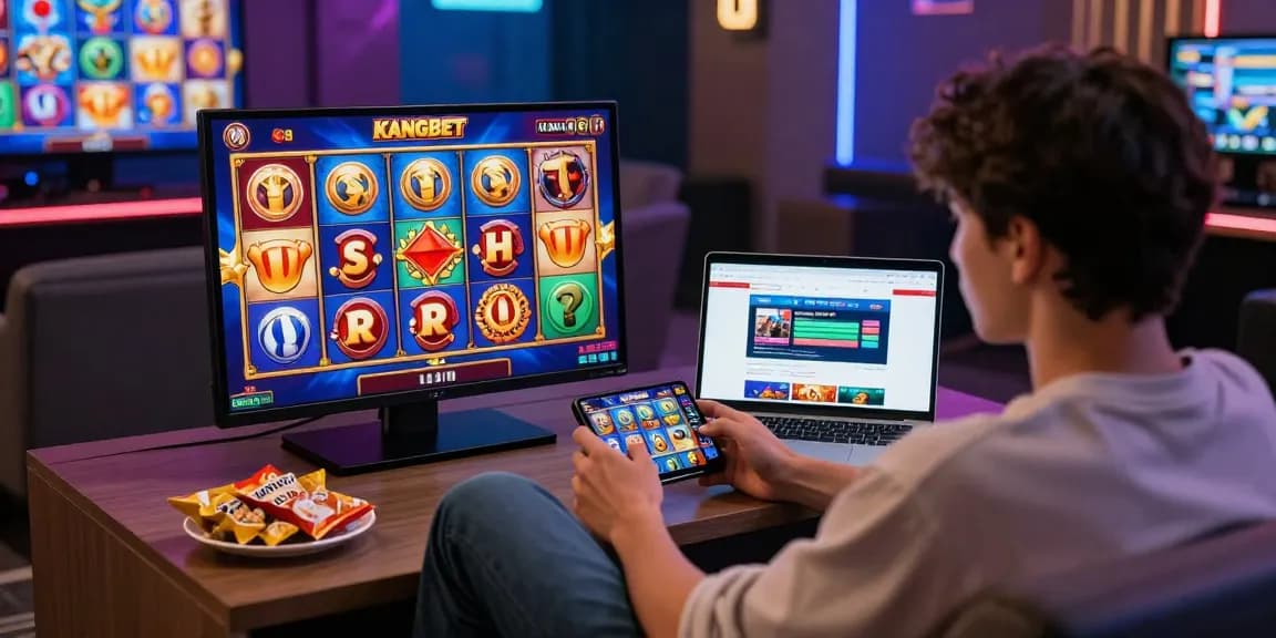 Pengguna bermain slot gacor di perangkat mobile dengan grafik menarik di sekitarnya.