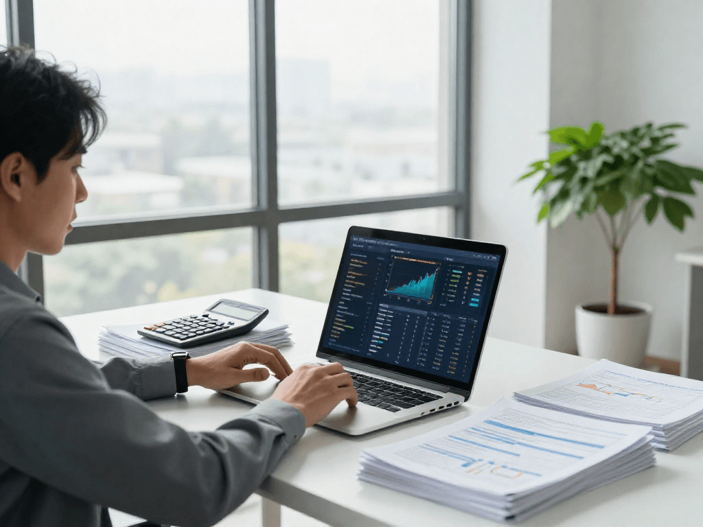 Een ondernemer bekijkt rapporten en een financiële dashboard op laptop, zakelijk en professioneel, met aandacht voor zakelijke leningen.