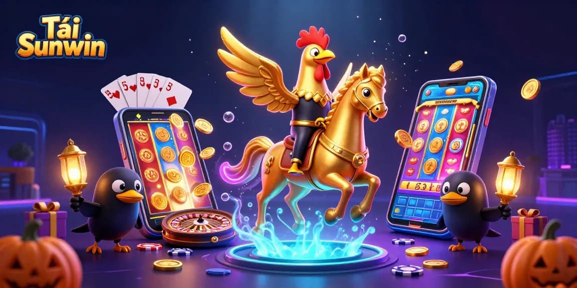 Play and win big at Tải Sunwin, featuring a golden rooster headless horseman amidst a vibrant casino