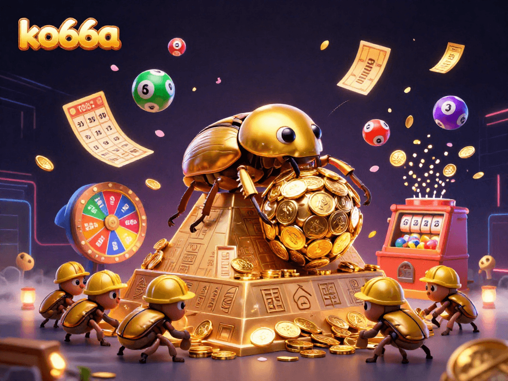 Spin and win at ko66a while colorful lottery elements surround a golden beetle in a 3D casino.