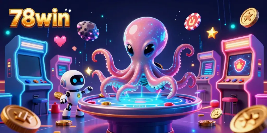 Experience thrilling gameplay at 78win with an alien octopus and robotic companion in a vibrant casino-themed universe.