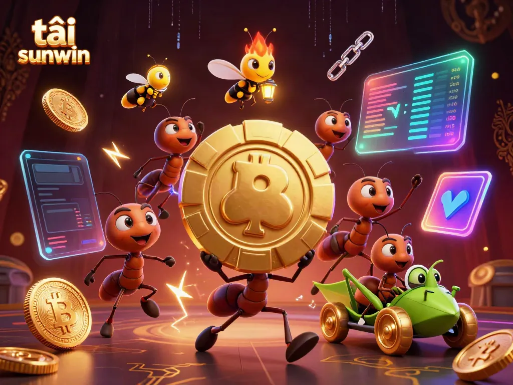 Engage with tải sunwin: ant heist scene featuring a golden poker chip alongside crypto coins.