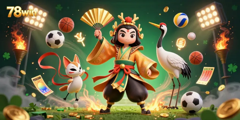 Engage with thrilling winnings at 78win, showcasing dynamic sports betting elements and vibrant casino characters.
