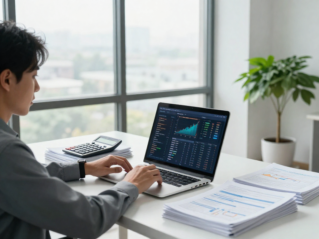 Een ondernemer bekijkt rapporten en een financiële dashboard op laptop, zakelijk en professioneel, met aandacht voor zakelijke leningen.