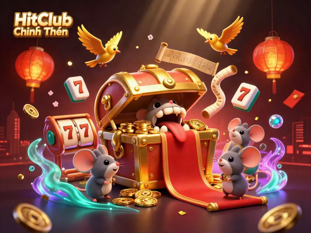 Engage in exciting gameplay at HitClub Chính Thức with riches from the golden treasure chest and surrounding casino elements.
