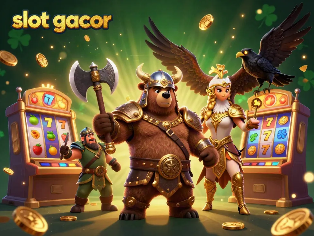 Experience the excitement of slot gacor with Viking and Valkyrie characters in a vibrant casino scene.