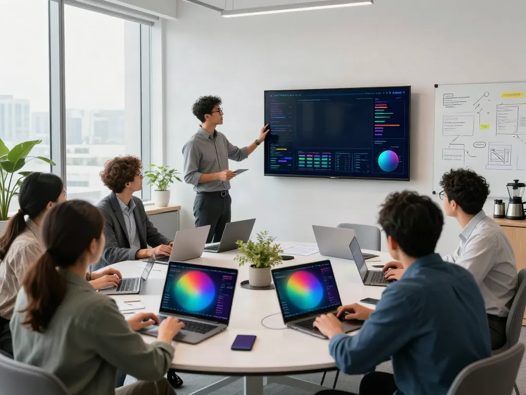 Collaboration in a modern workspace showcasing an AI visibility tool for agencies.